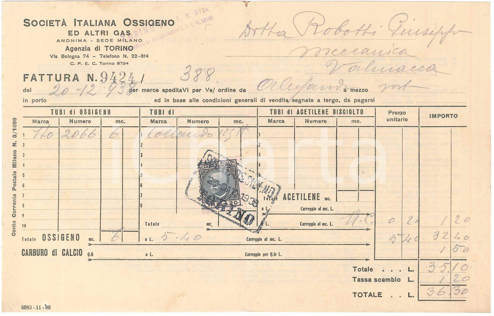 1938 MILANO - Società Italiana Ossigeno ed altri Gas - Fattura commerciale (4)