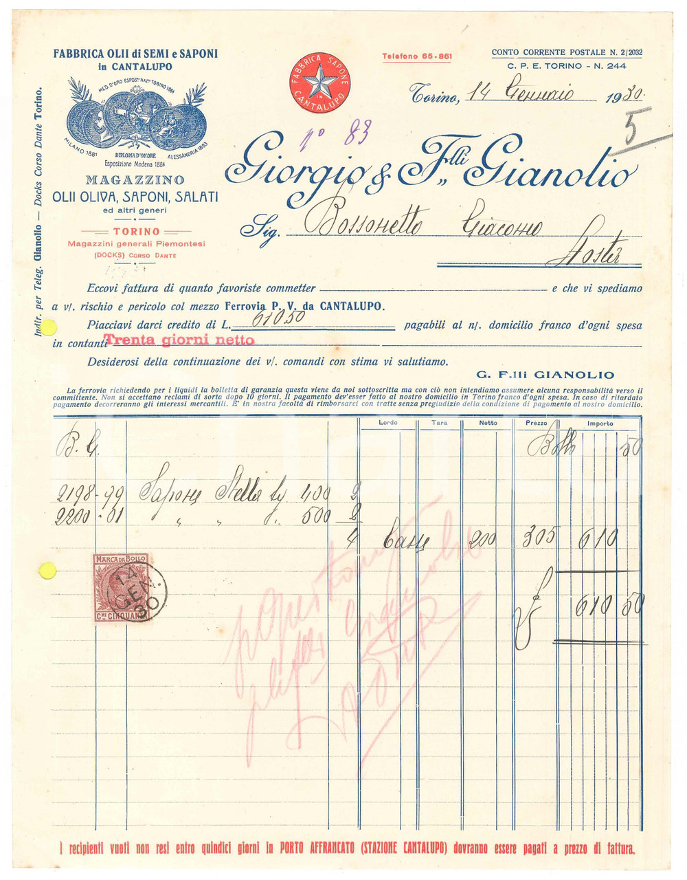 1930 TORINO Corso Dante - Giorgio & Fratelli GIANOLIO Olii e saponi *Fattura (1)