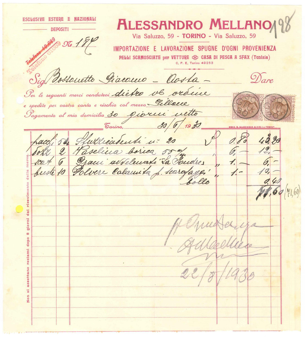 1930 TORINO Via Saluzzo 59 - Alessandro MELLANO Lavorazione spugne - Fattura