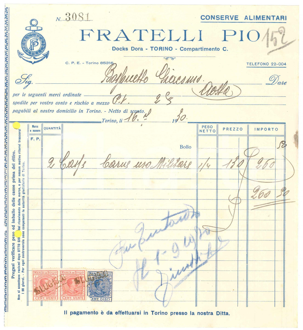 1930 TORINO Docks Dora - Fratelli PIO Conserve alimentari - Fattura (1)