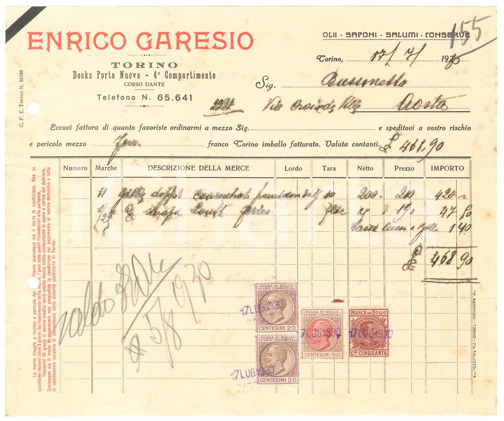 1930 TORINO Docks Porta Nuova - Enrico GARESIO Olii Salumi Conserve - Fattura