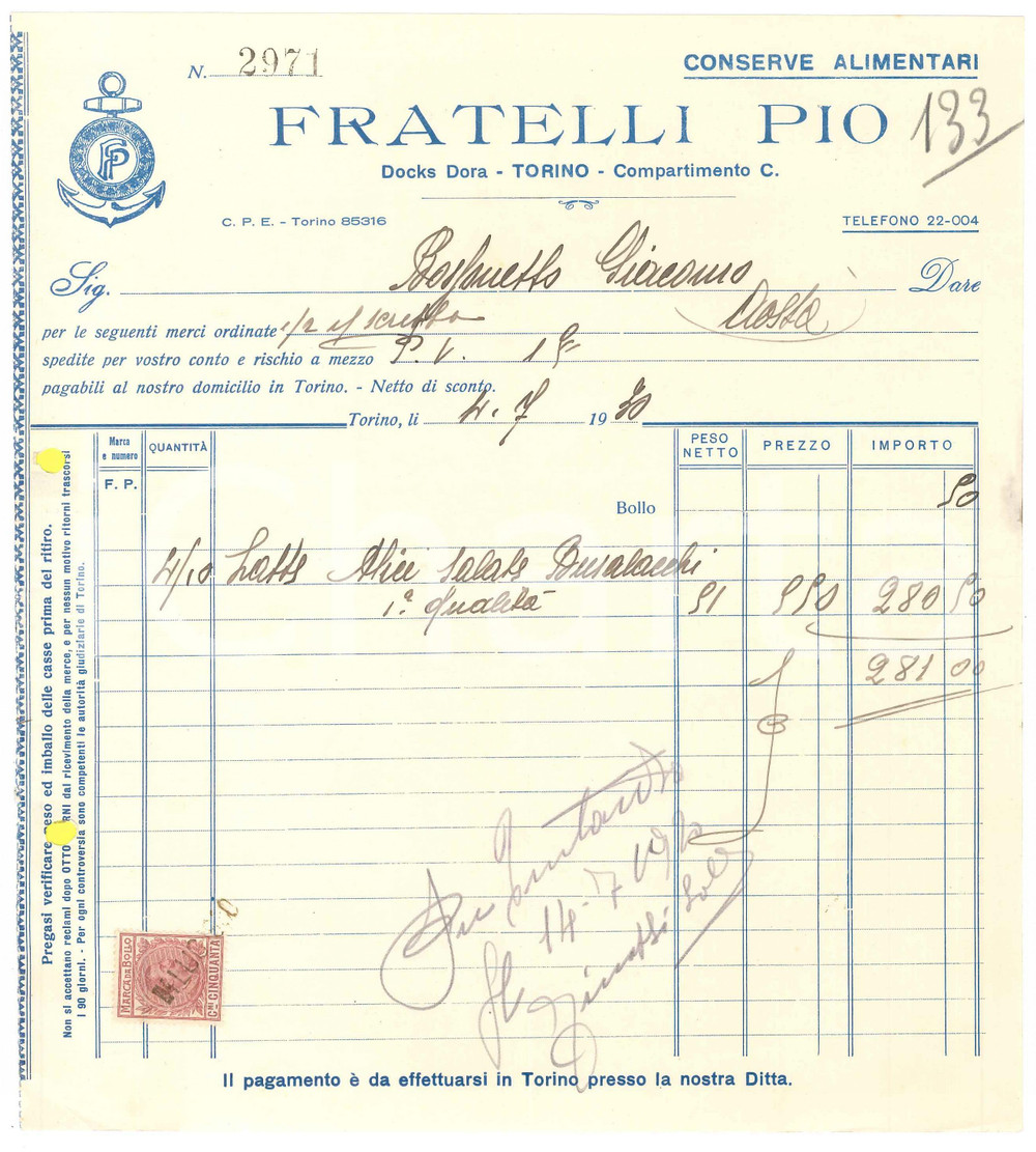 1930 TORINO Docks Dora - Fratelli PIO Conserve alimentari - Fattura (2)