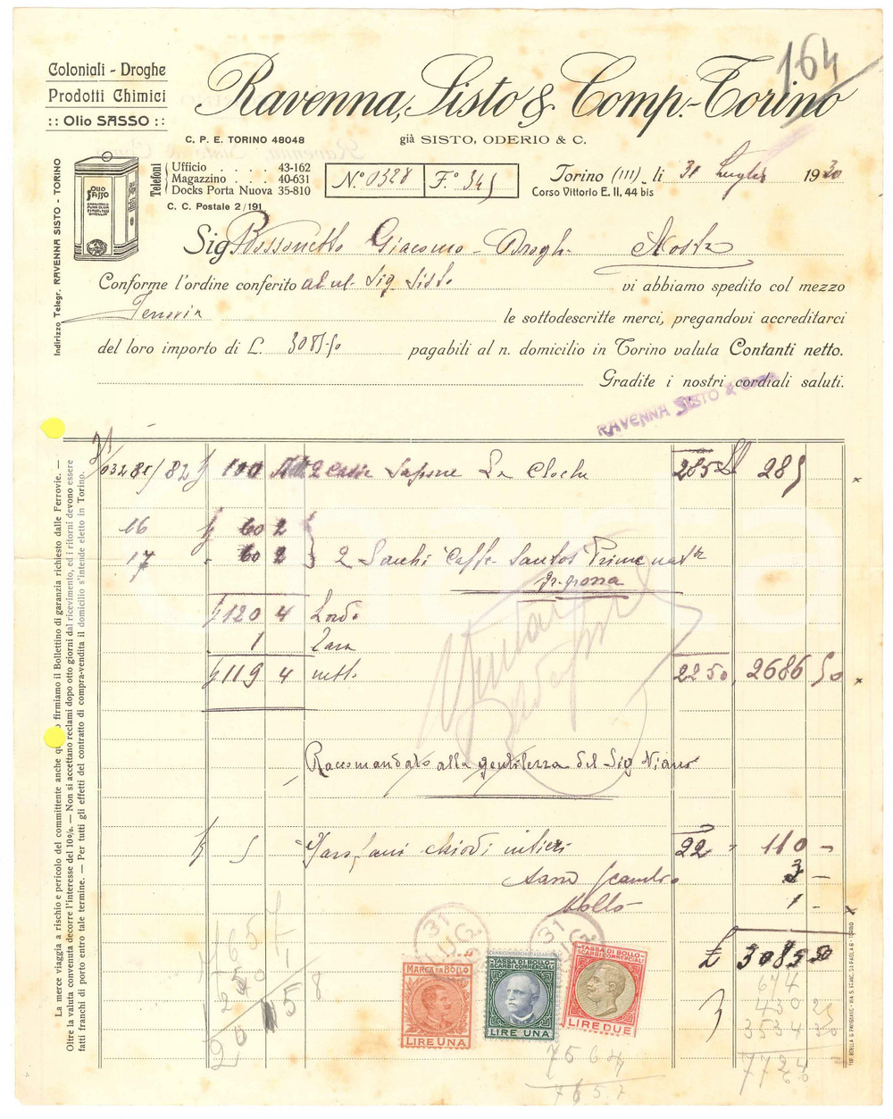 1930 TORINO Corso Vittorio Emanuele II 44 - RAVENNA SISTO & Comp. - Fattura (3)