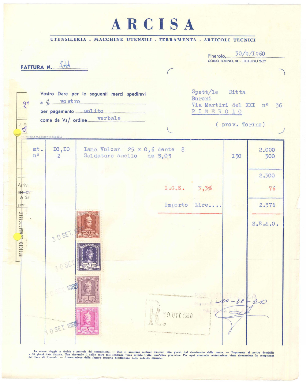 1960 PINEROLO (TO) - ARCISA Utensileria Ferramenta Articoli tecnici *Fattura (2)