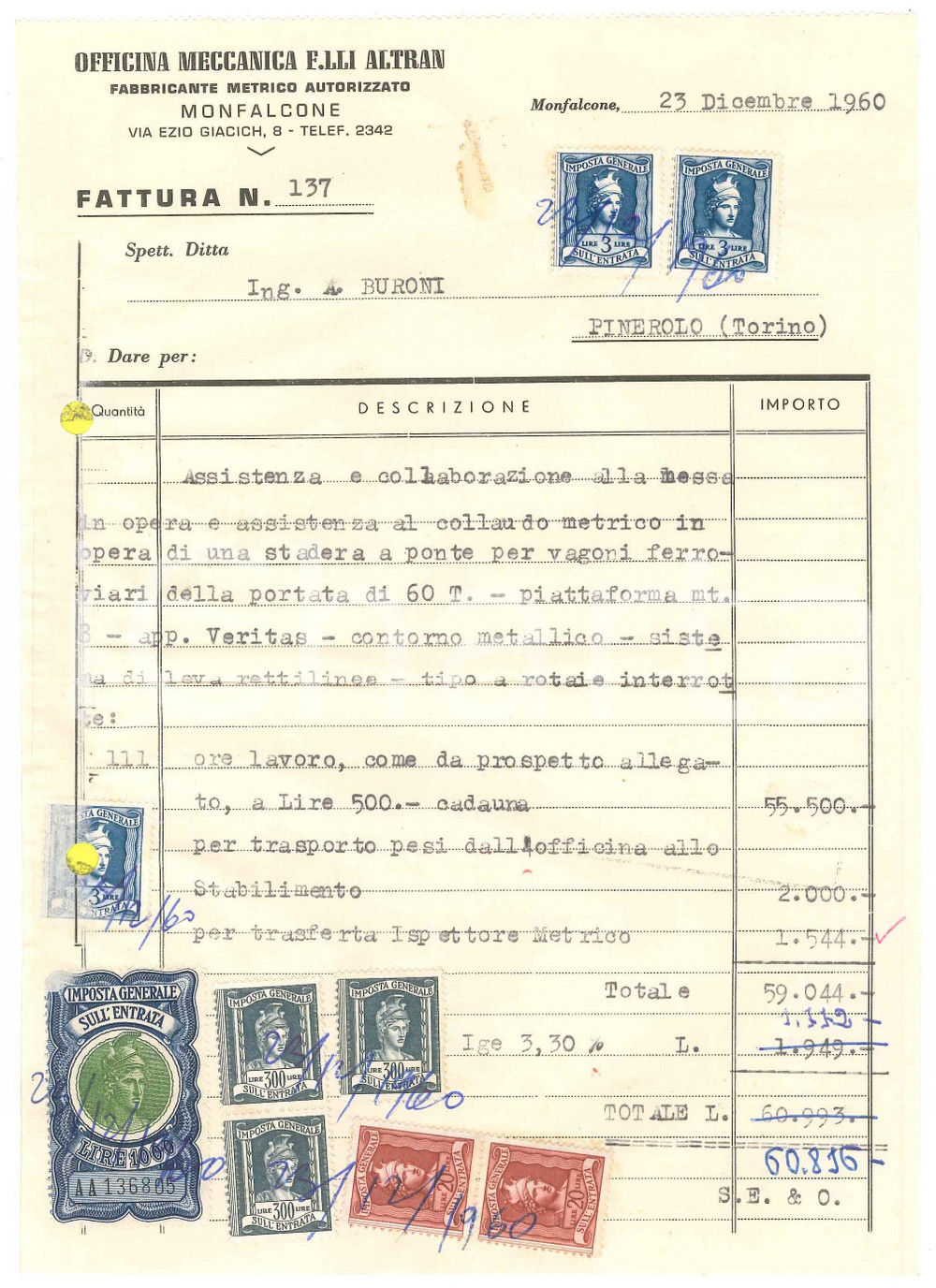 1960 MONFALCONE (GO) - F.lli ALTRAN Officina meccanica - Fattura commerciale