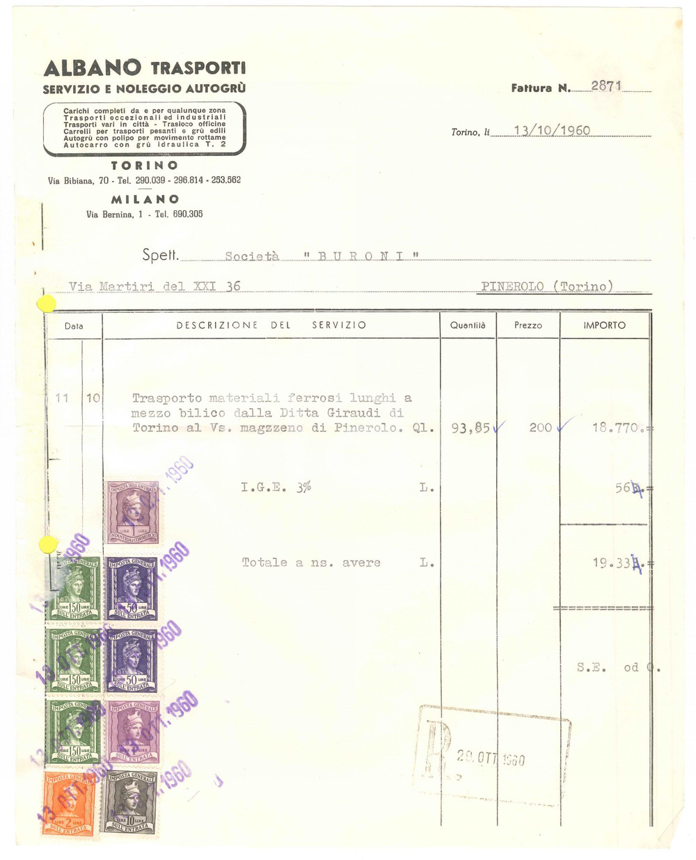 1960 TORINO Via Bibiana 70 - ALBANO Trasporti Noleggio autogrù - Fattura (1)