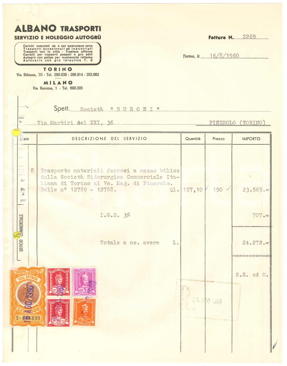 1960 TORINO Via Bibiana 70 - ALBANO Trasporti Noleggio autogrù - Fattura (2)