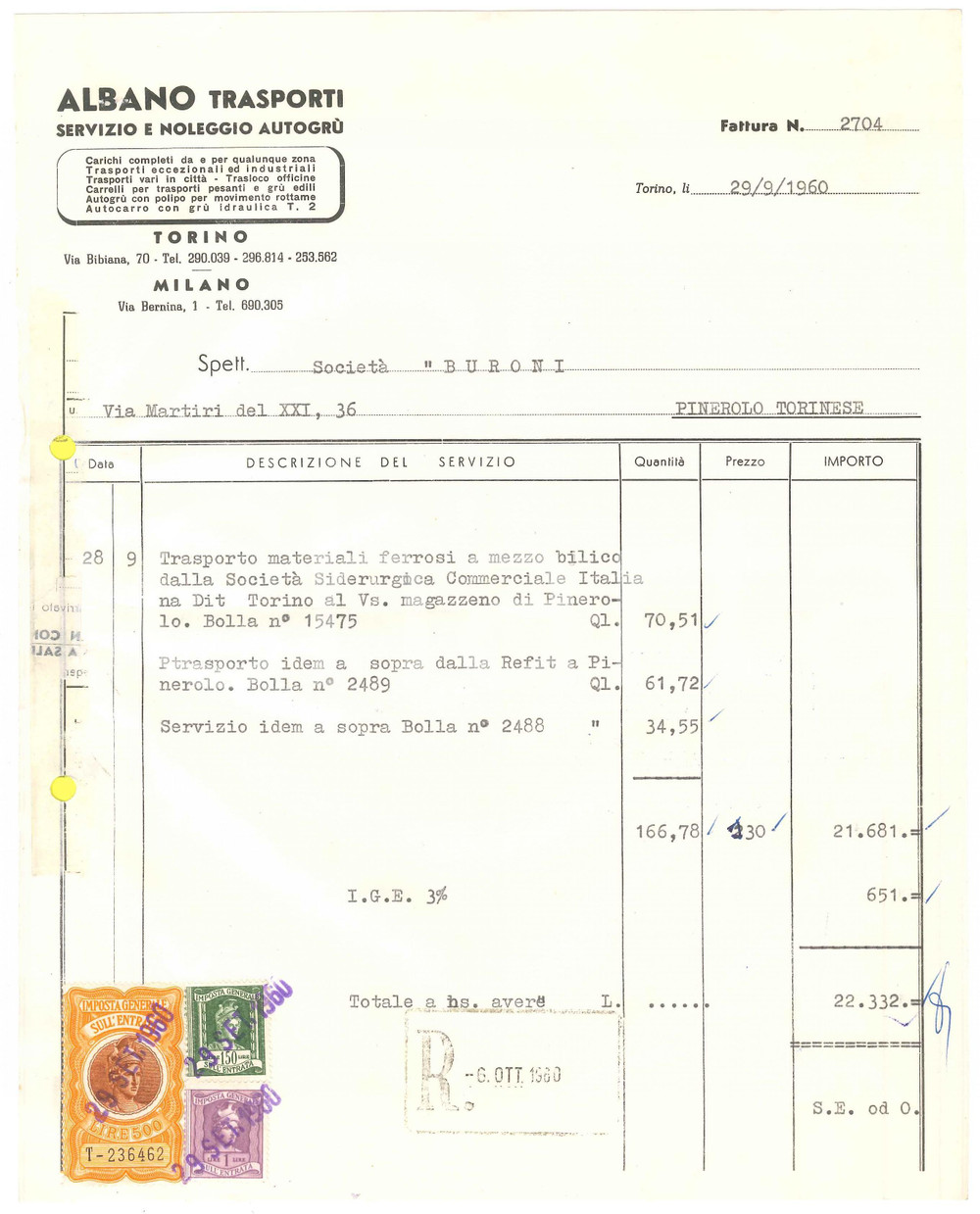 1960 TORINO Via Bibiana 70 - ALBANO Trasporti Noleggio autogrù - Fattura (3)