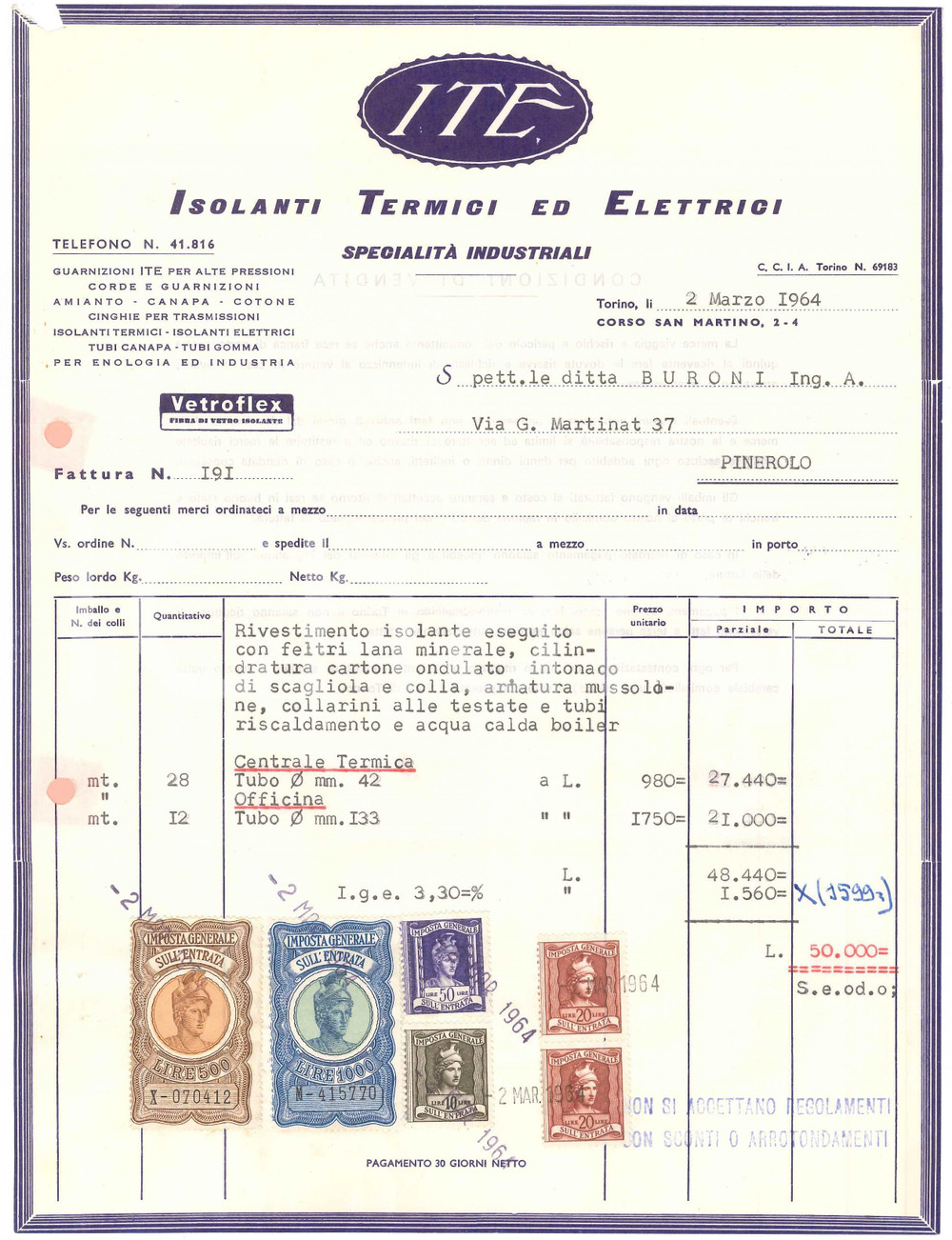 1964 TORINO Corso San Martino 2-4 - ITE Isolanti Termici ed Elettrici - Fattura