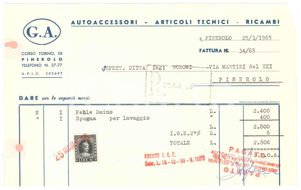 1965 PINEROLO (TO) - G.A. Autoaccessori Articoli tecnici Ricambi - Fattura (1)