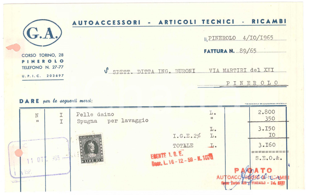 1965 PINEROLO (TO) - G.A. Autoaccessori Articoli tecnici Ricambi - Fattura (2)