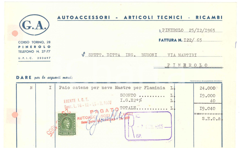 1965 PINEROLO (TO) - G.A. Autoaccessori Articoli tecnici Ricambi - Fattura (3)