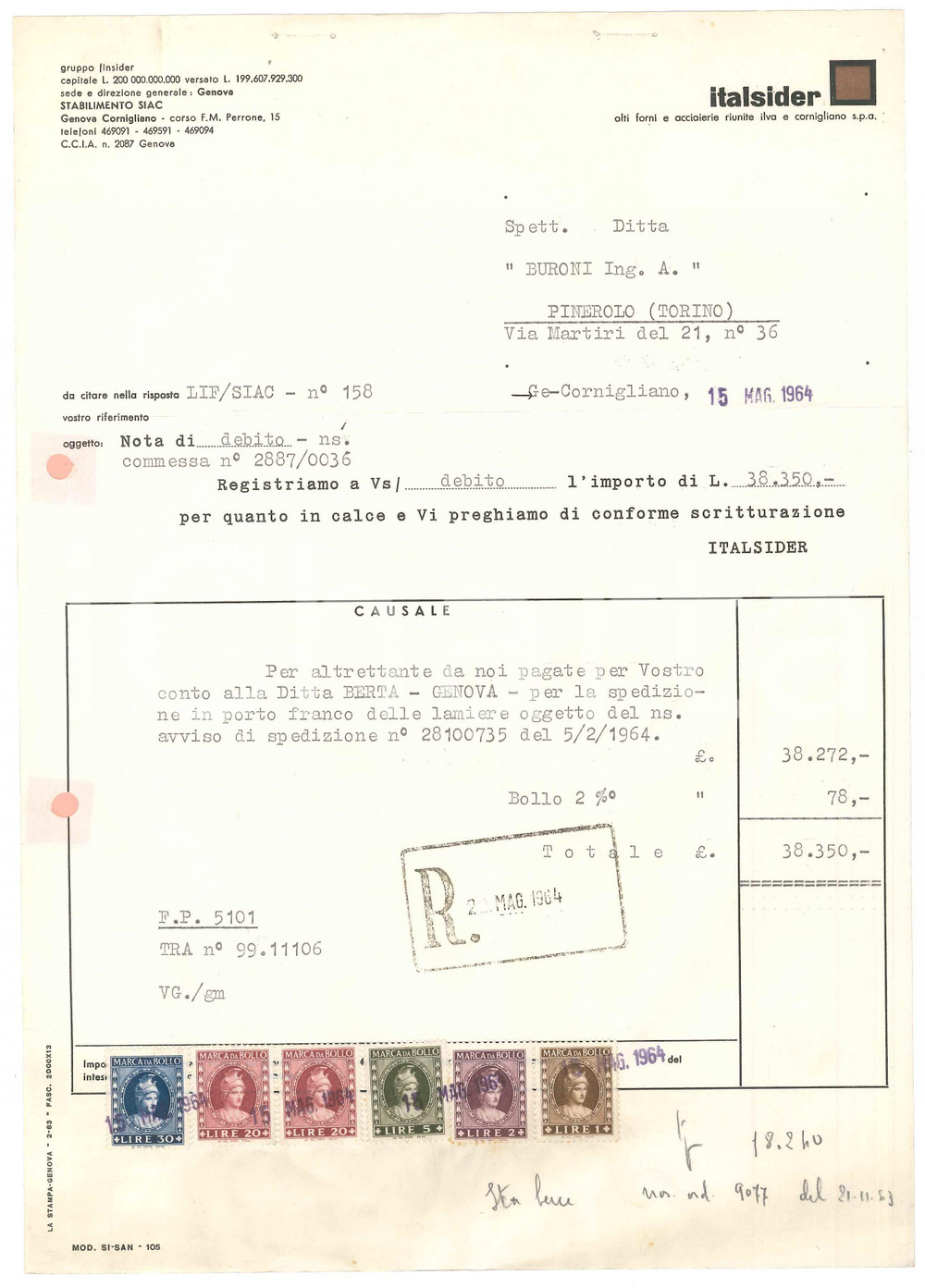 1964 GENOVA CORNIGLIANO - ITALSIDER Alti forni e acciaierie - Nota di debito