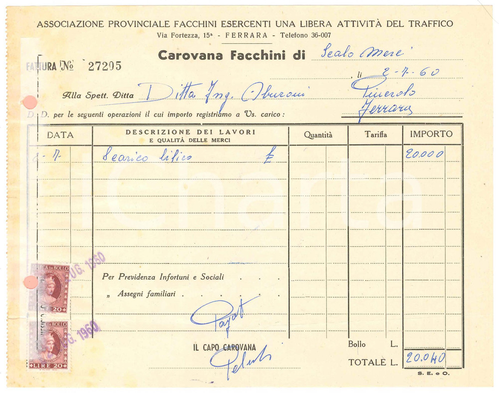 1960 FERRARA Associazione Provinciale FACCHINI Carovana di scalo merci - Fattura