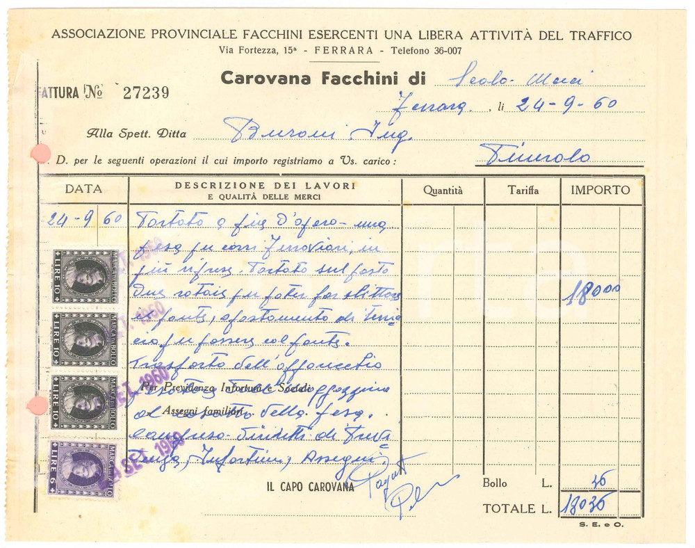 1960 FERRARA Associazione Provinciale FACCHINI Carovana di scalo merci *Fattura