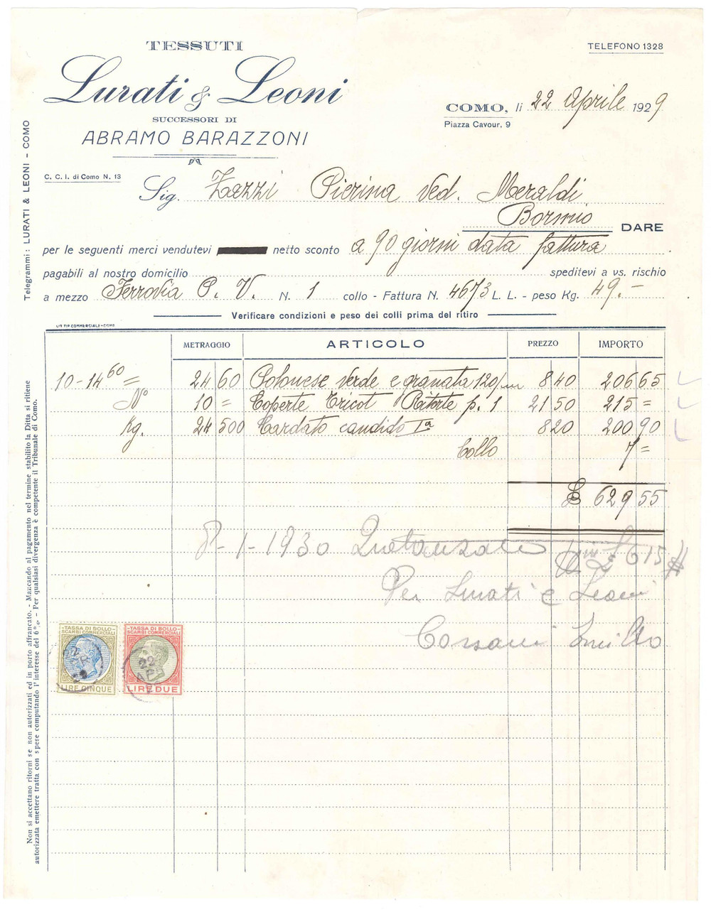 1929 COMO - LURATI & LEONI Successori di Abramo BARAZZONI Tessuti - Fattura (1)