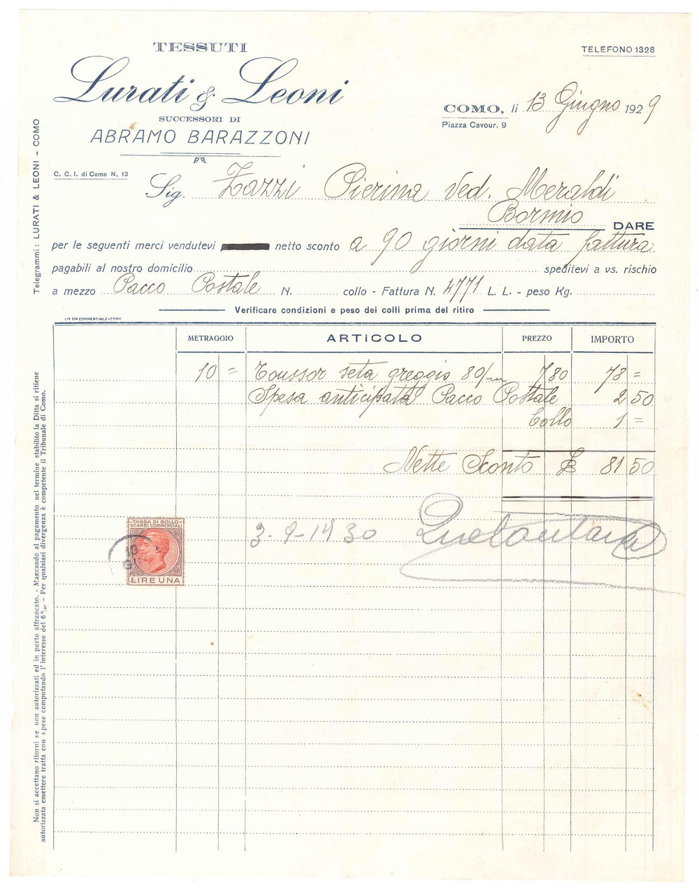 1929 COMO - LURATI & LEONI Successori di Abramo BARAZZONI Tessuti - Fattura (2)