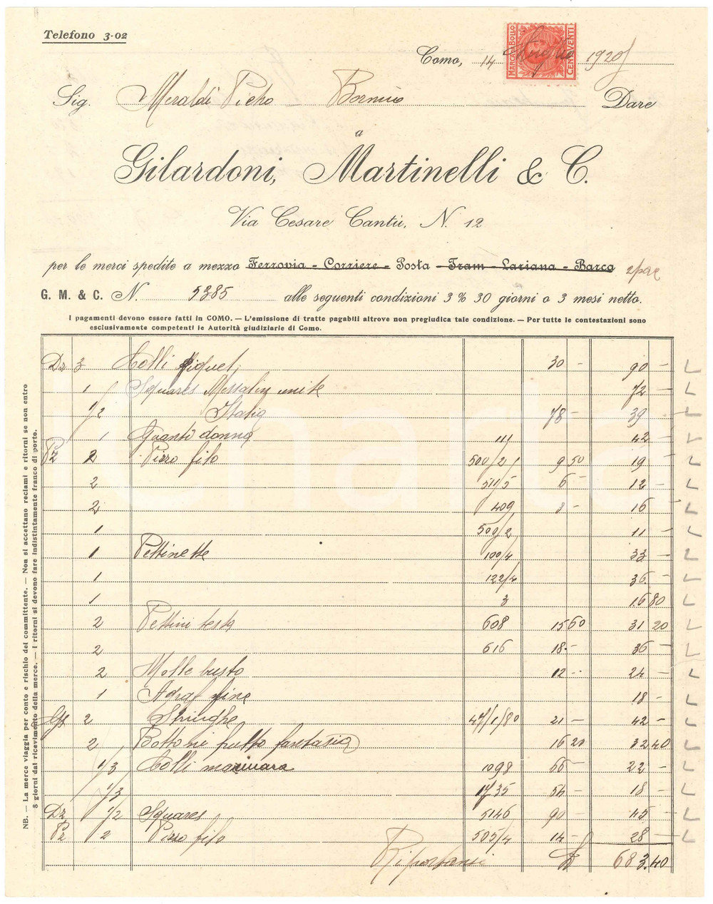 1920 COMO Via Cantù 12 - GILARDONI MARTINELLI & C. - Spedizione merci *Fattura