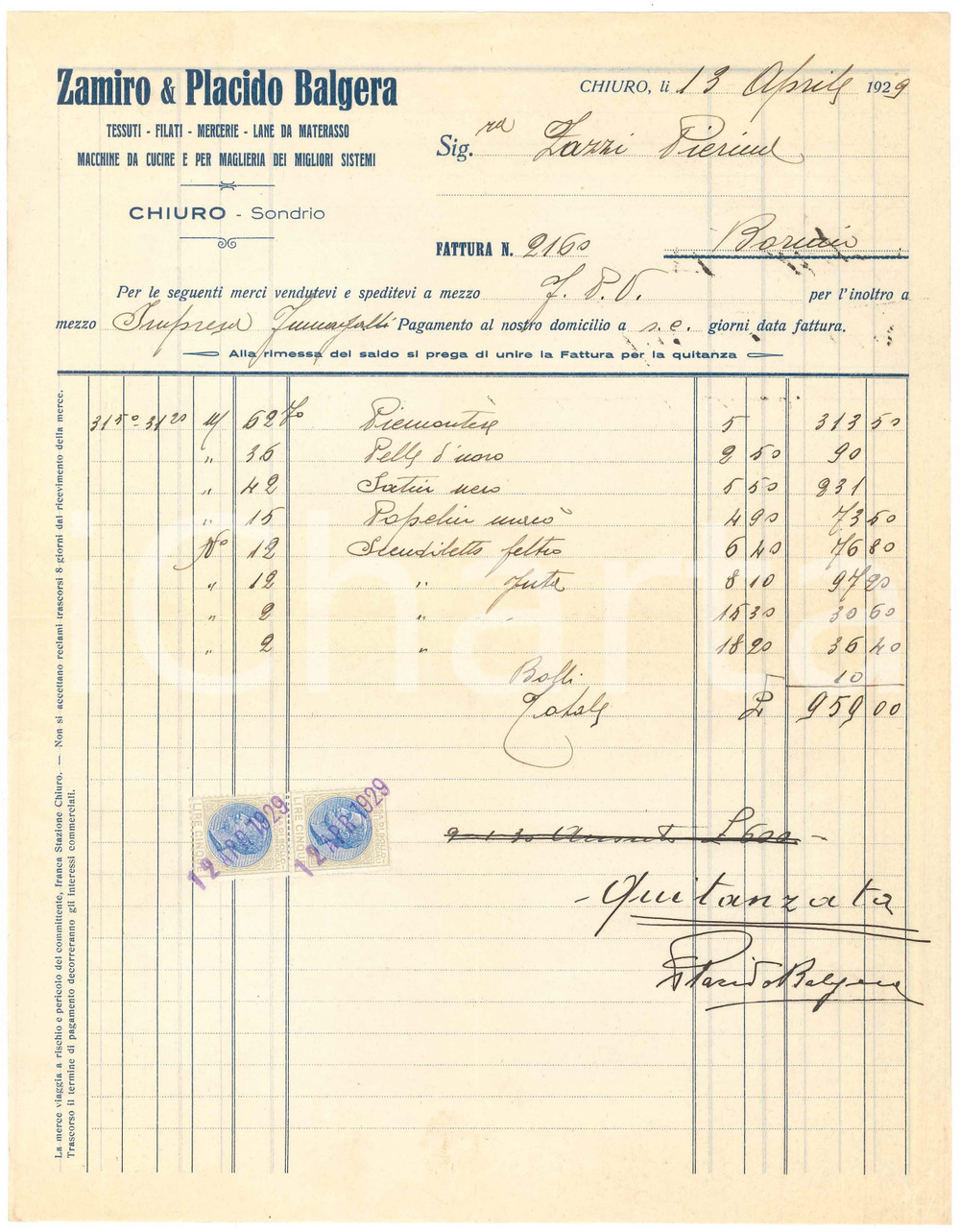 1929 CHIURO (SO) - Zamiro & Placido BALGERA Tessuti Filati Mercerie - Fattura