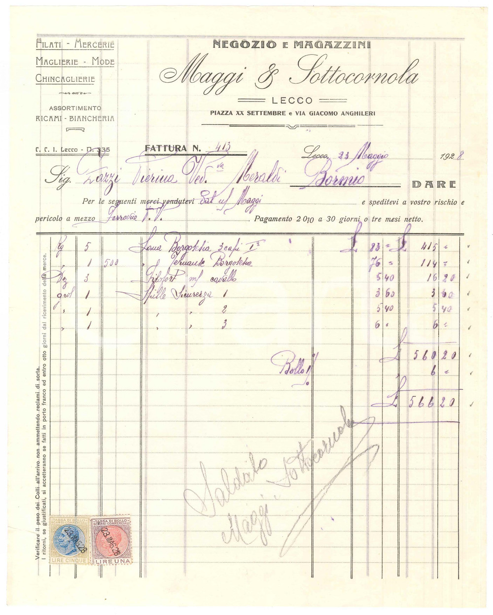 1928 LECCO - MAGGI & SOTTOCORNOLA Negozio e magazzini Filati Mercerie - Fattura