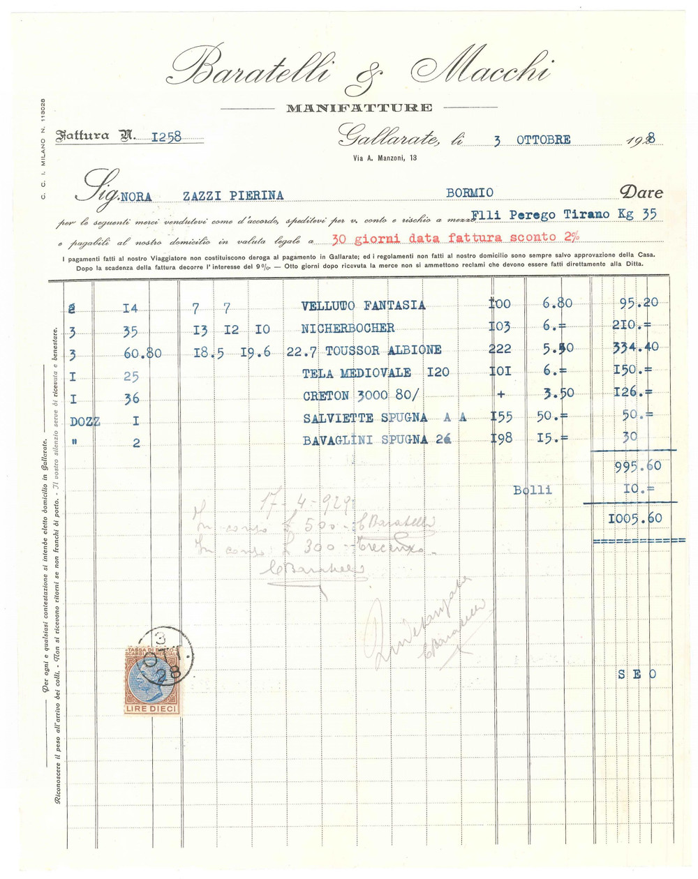 1928 GALLARATE (VA) - BARATELLI & MACCHI Manifatture - Fattura commerciale