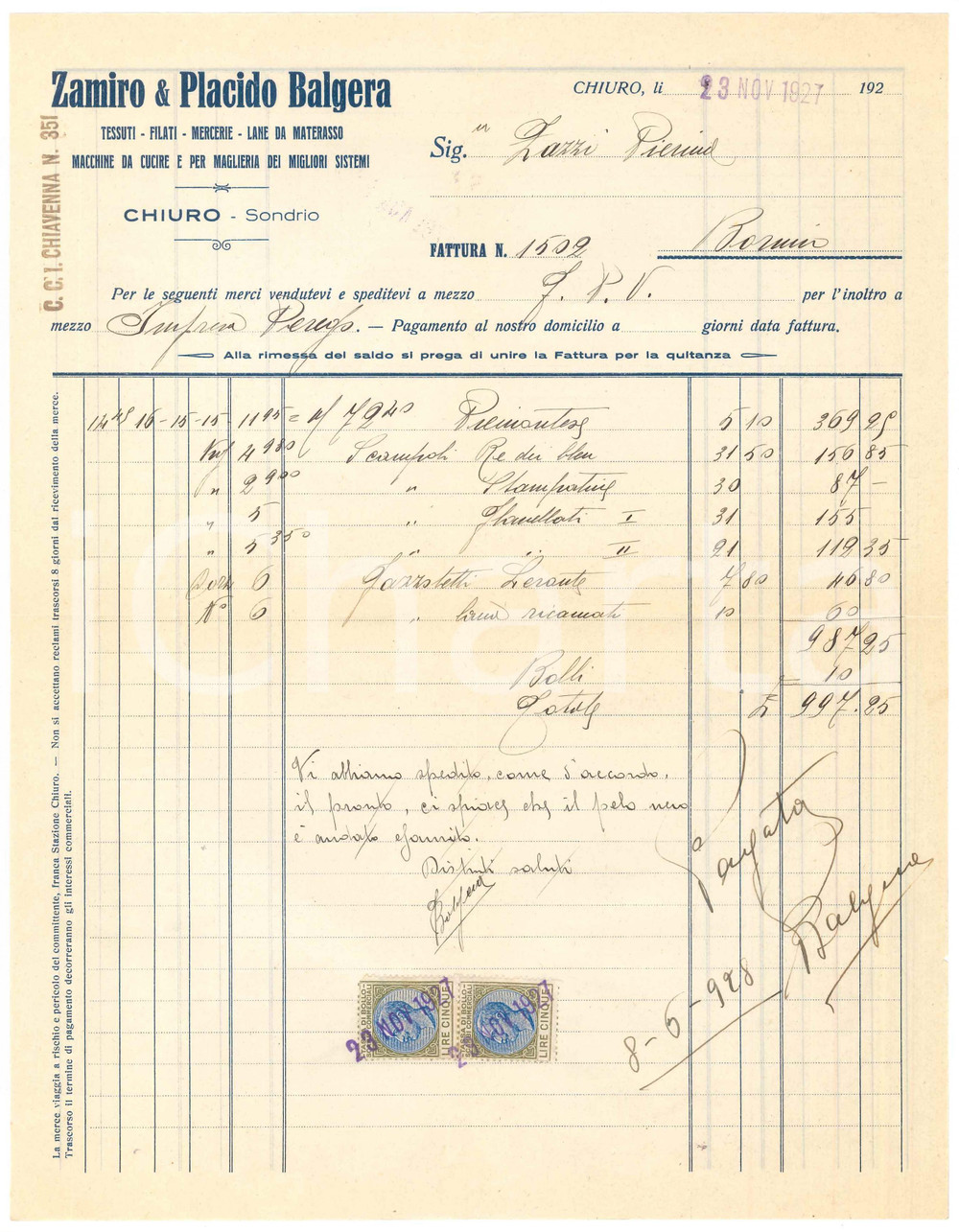 1927 CHIURO (SO) - Zamiro & Placido BALGERA Tessuti Filati Mercerie - Fattura