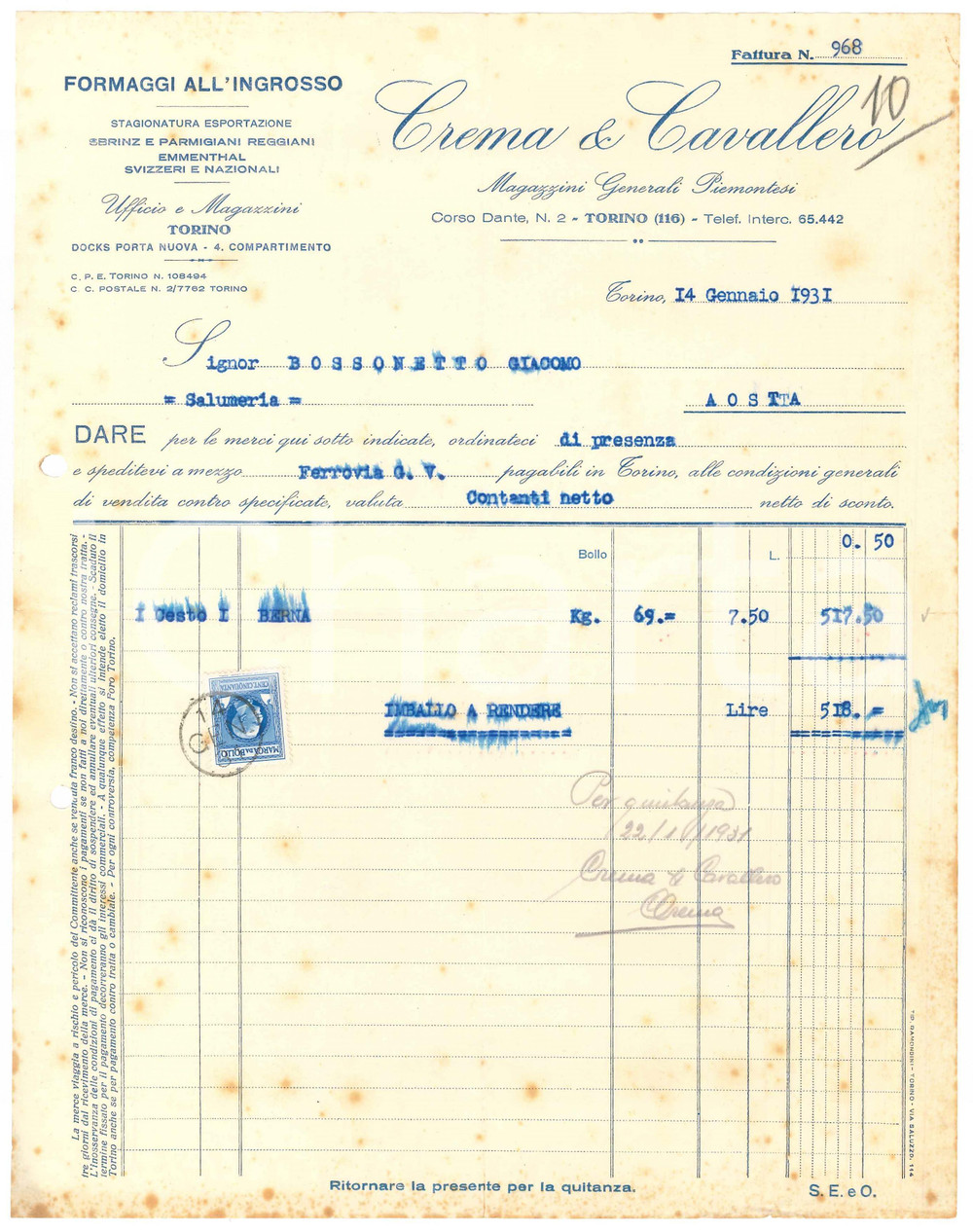 1931 TORINO Corso Dante 2 - CREMA & CAVALLERO Formaggi all'ingrosso *Fattura (1)