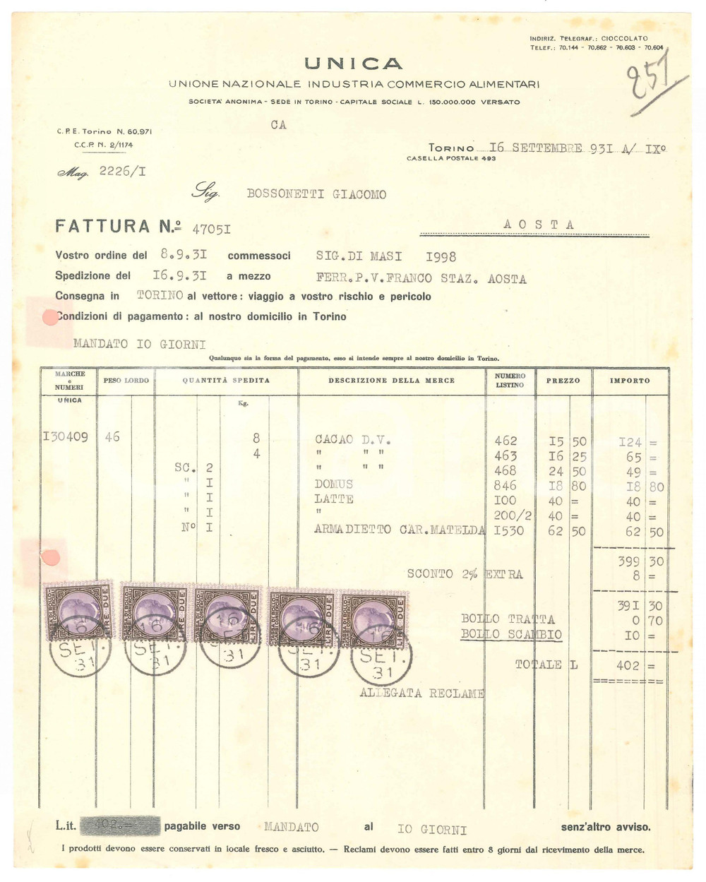 1931 TORINO UNICA Società Nazionale Industria Commercio Alimentari Fattura cacao