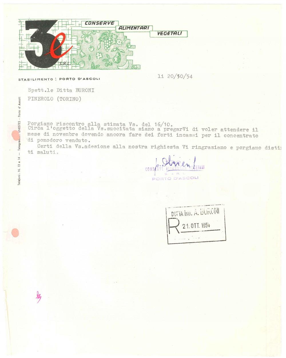 1954 PORTO D'ASCOLI (AP) - 3e Conserve alimentari vegetali - Lettera commerciale
