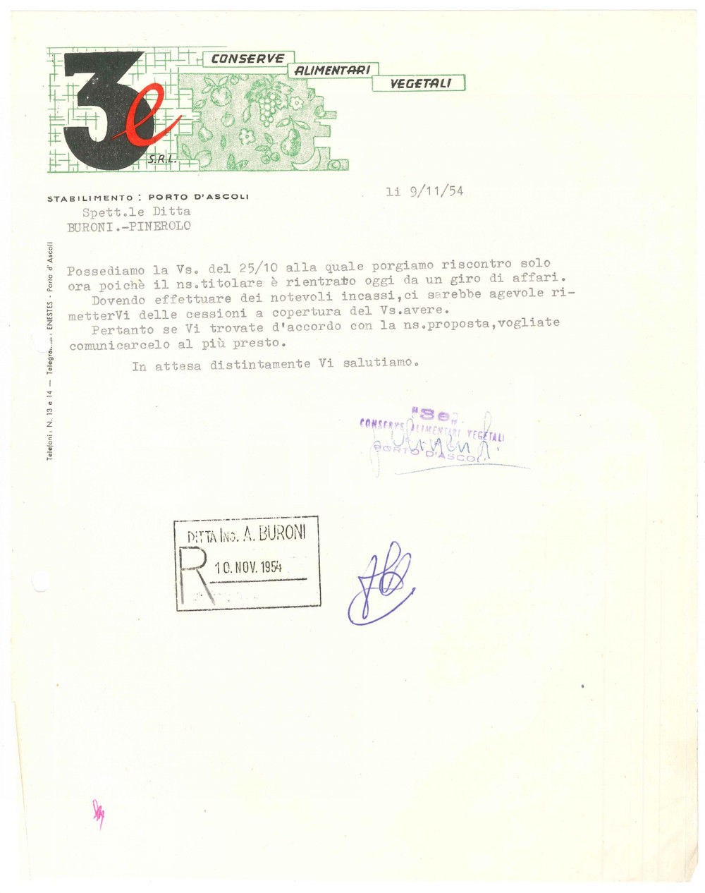 1954 PORTO D'ASCOLI (AP) 3e Conserve alimentari vegetali - Lettera commerciale