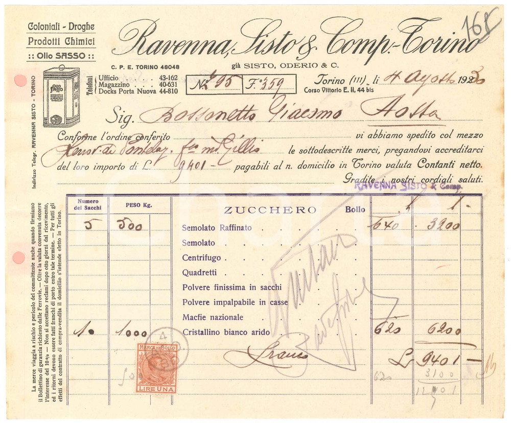 1930 TORINO C.so Vittorio Emanuele II 44 - RAVENNA SISTO & Comp. Droghe *Fattura