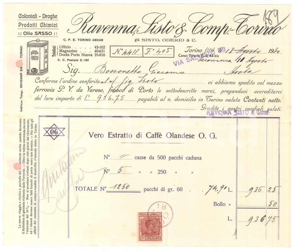 Documento originale, autentico 1930 TORINO C.so Vittorio Emanuele II  RAVENNA SISTO & Comp. Fattura per caffÃ¨ 1