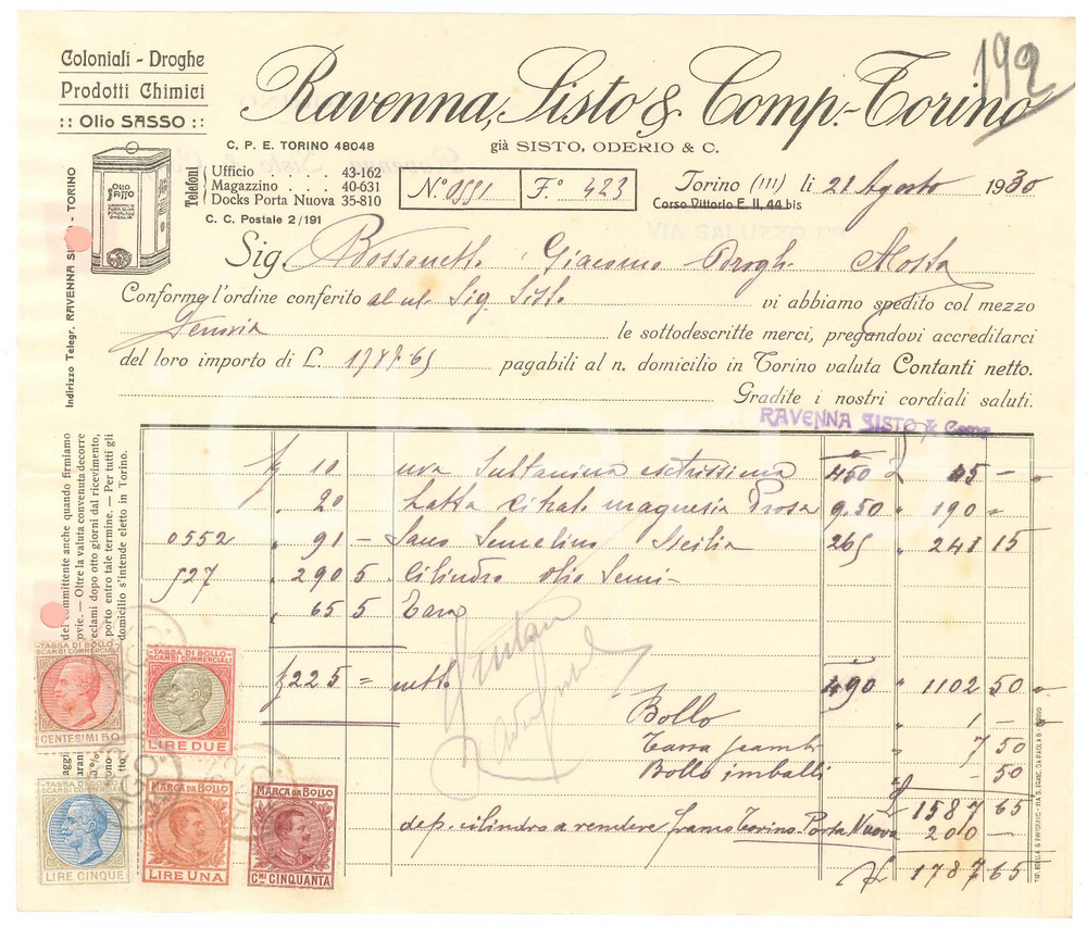 1930 TORINO C.so Vittorio Emanuele II 44 RAVENNA SISTO & Comp. Droghe - Fattura