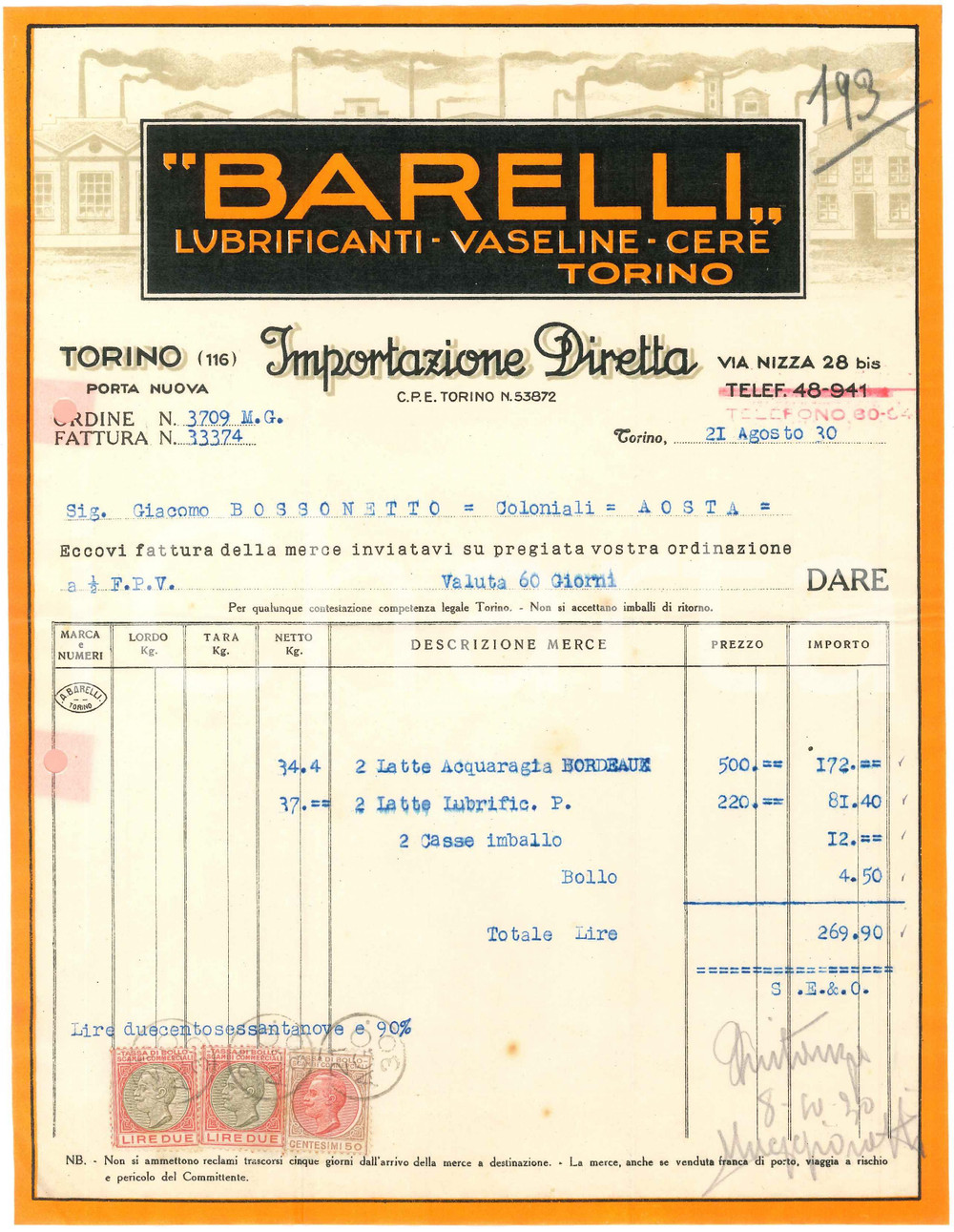 1930 TORINO Via Nizza 28 bis - BARELLI Lubrificanti Vaseline Cere - Fattura
