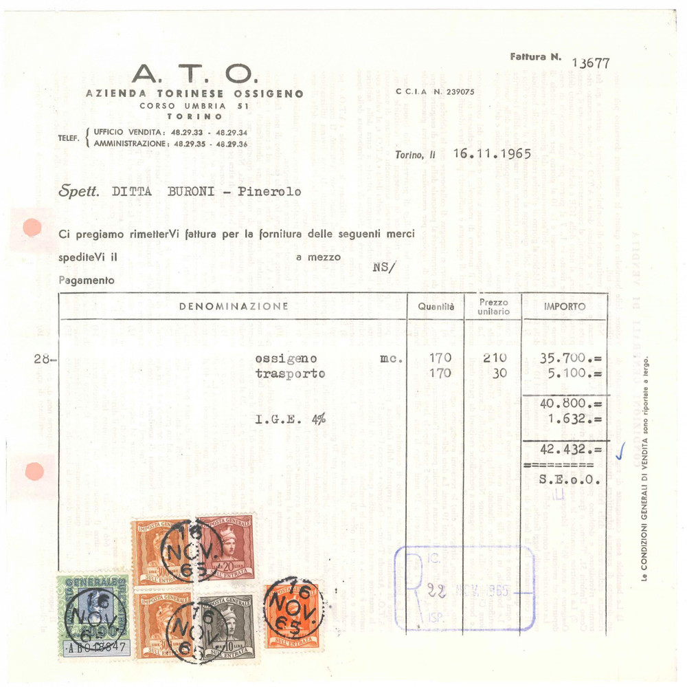 1965 TORINO Corso Umbria 51 - A.T.O. Azienda Torinese Ossigeno - Fattura (1)