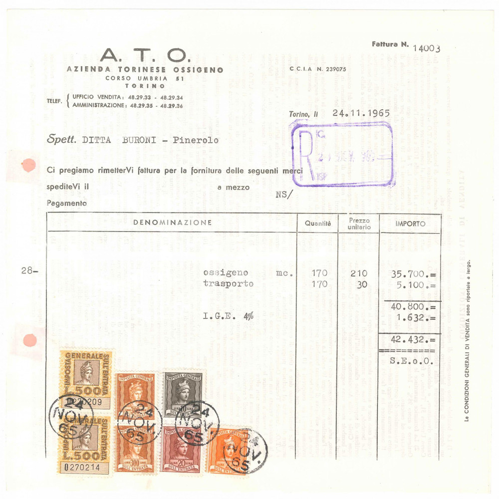 1965 TORINO Corso Umbria 51 - A.T.O. Azienda Torinese Ossigeno - Fattura (2)