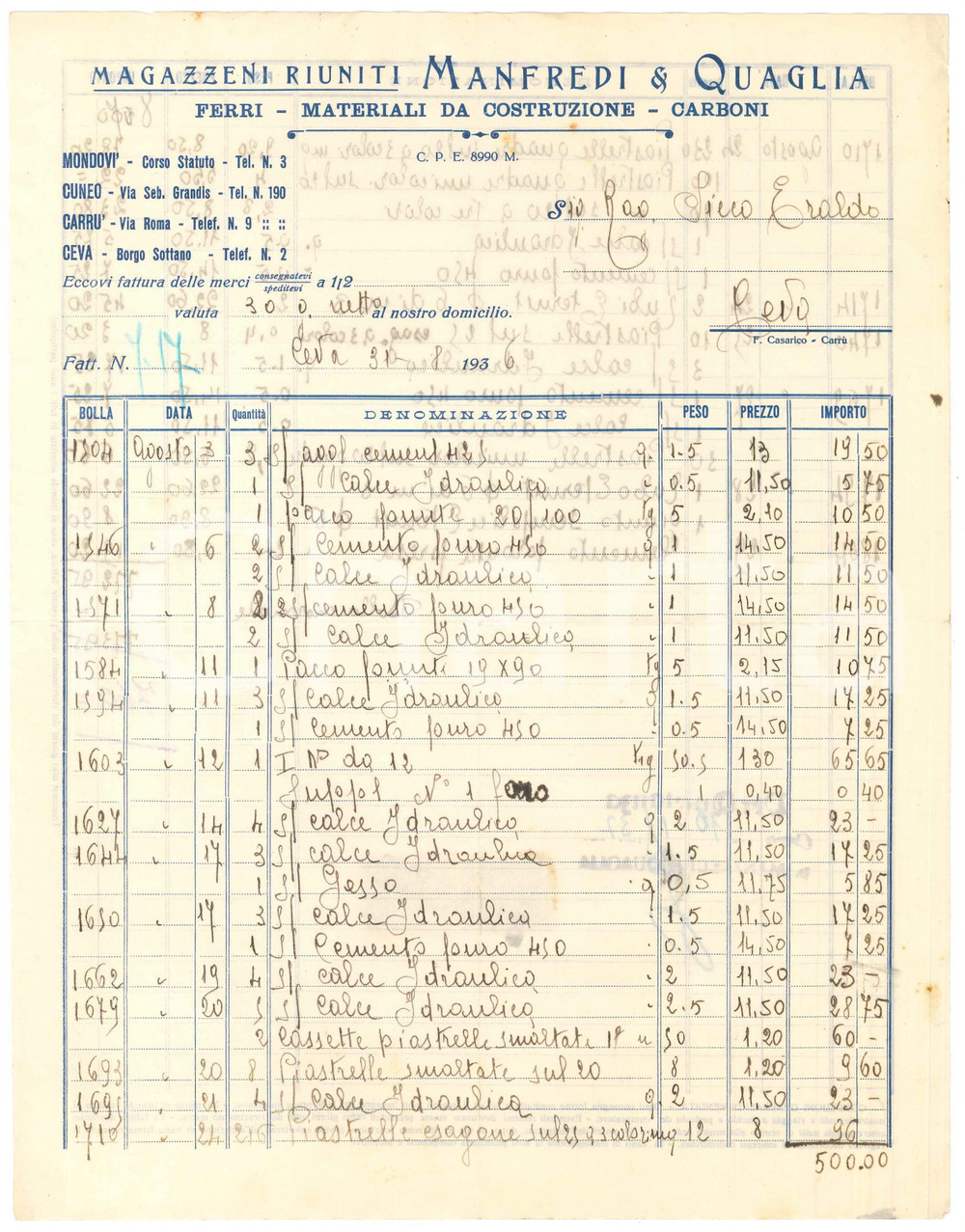 1936 CEVA (CN) - MANFREDI & QUAGLIA Materiali da costruzione - Fattura (1)