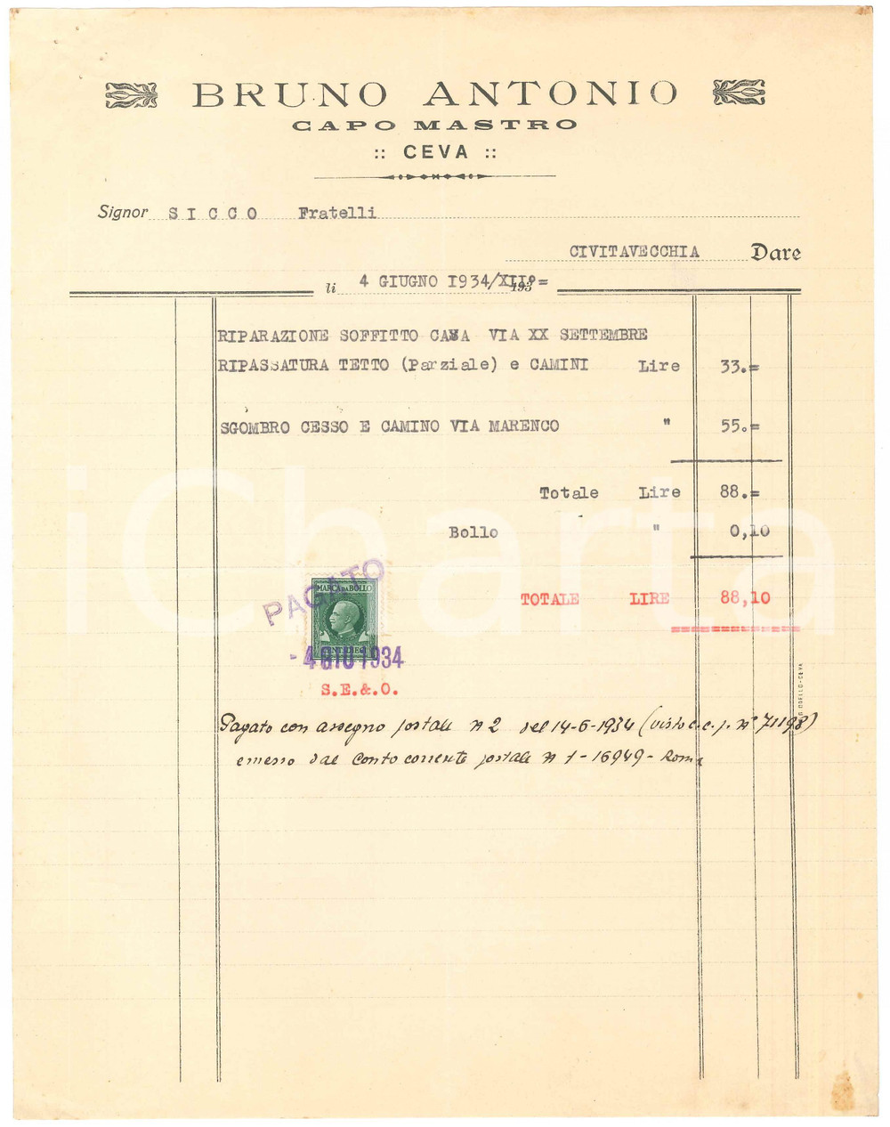 1934 CEVA (CN) - Antonio BRUNO Capo Mastro - Fattura per riparazione soffitto