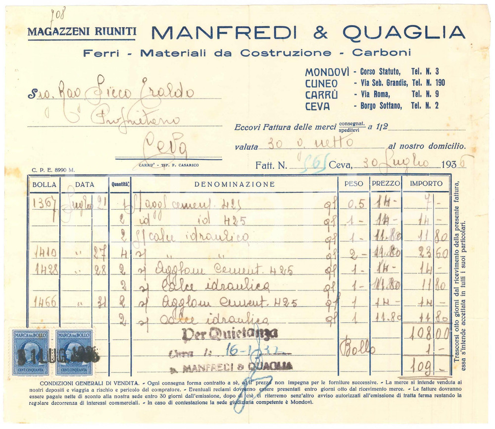 1936 CEVA (CN) - MANFREDI & QUAGLIA Materiali da costruzione - Fattura (2)