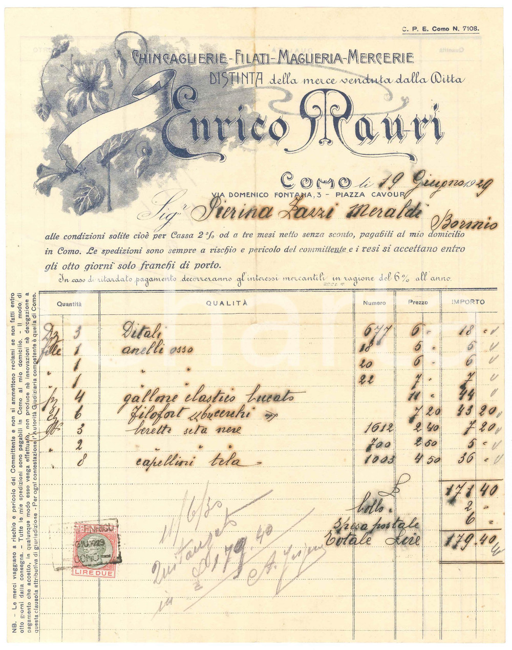 1929 COMO - Enrico MAURI Chincaglierie Filati Maglierie Mercerie - Fattura