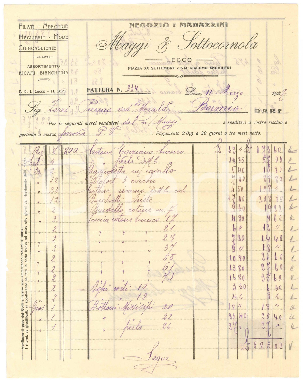 1927 LECCO - MAGGI & SOTTOCORNOLA Negozio e magazzini Filati Mercerie - Fattura
