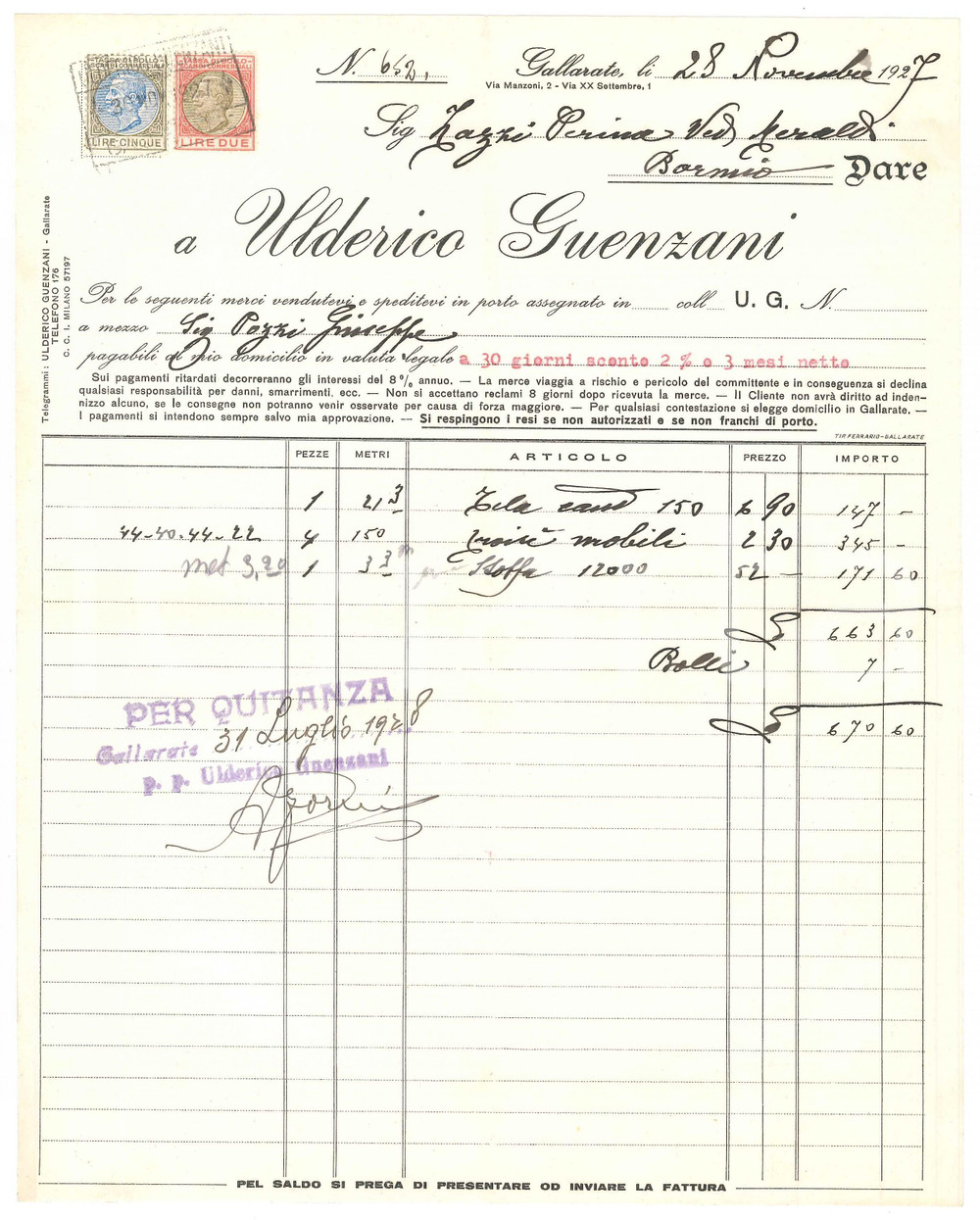 1928 GALLARATE (VA) - Ulderico GUENZANI - Fattura commerciale per tessuti