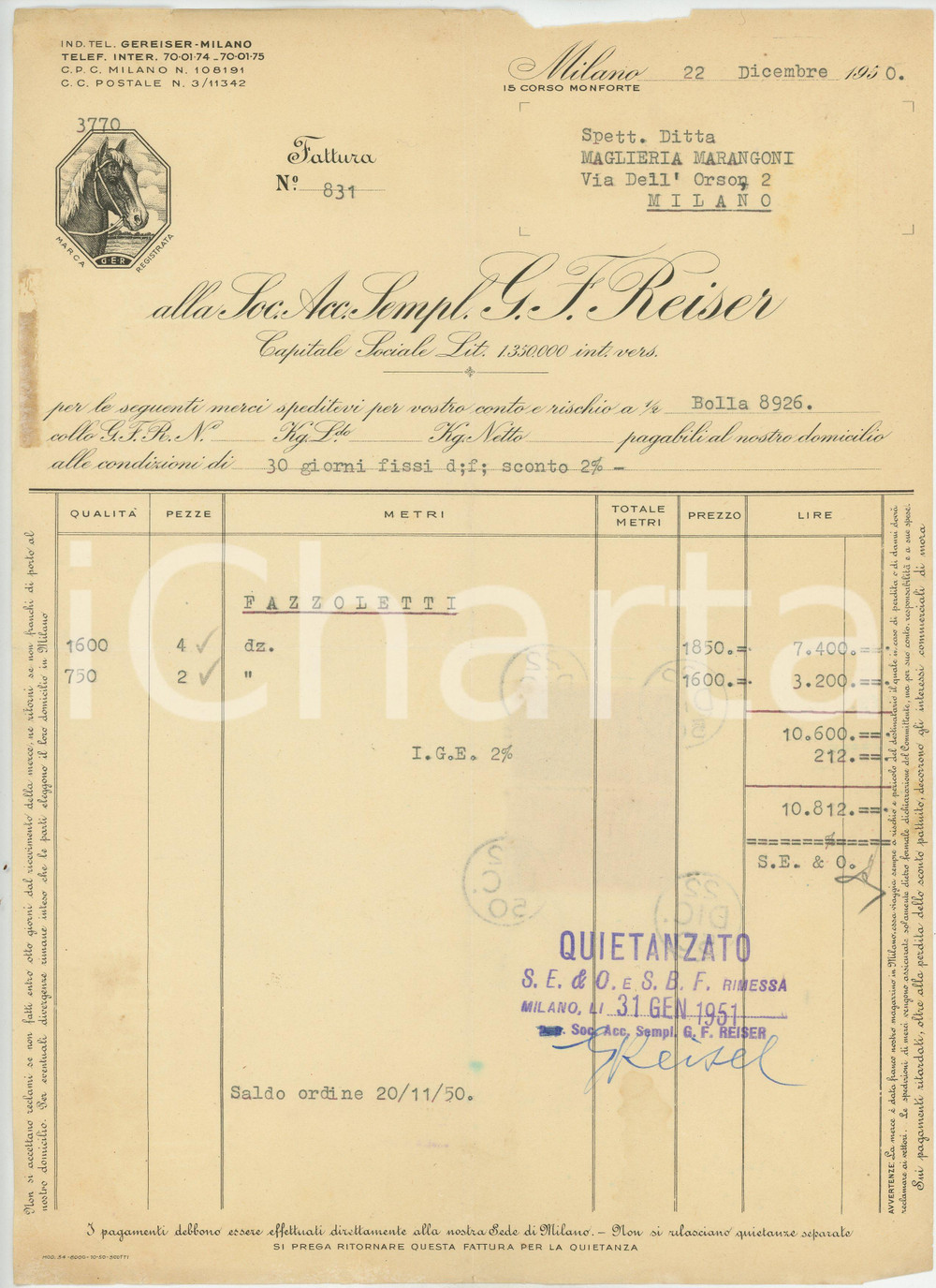 1951 MILANO Corso Monforte 15 - Soc. G. F. REISER - Fattura per fazzoletti