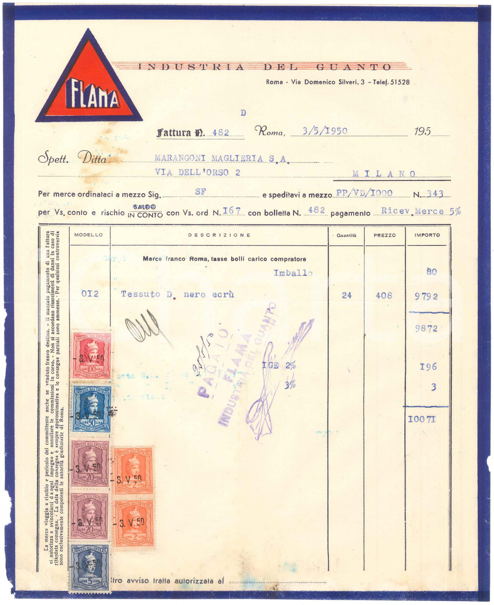 1950 ROMA Via Domenico Silveri 3 FLAMA Industria del guanto *Fattura commerciale