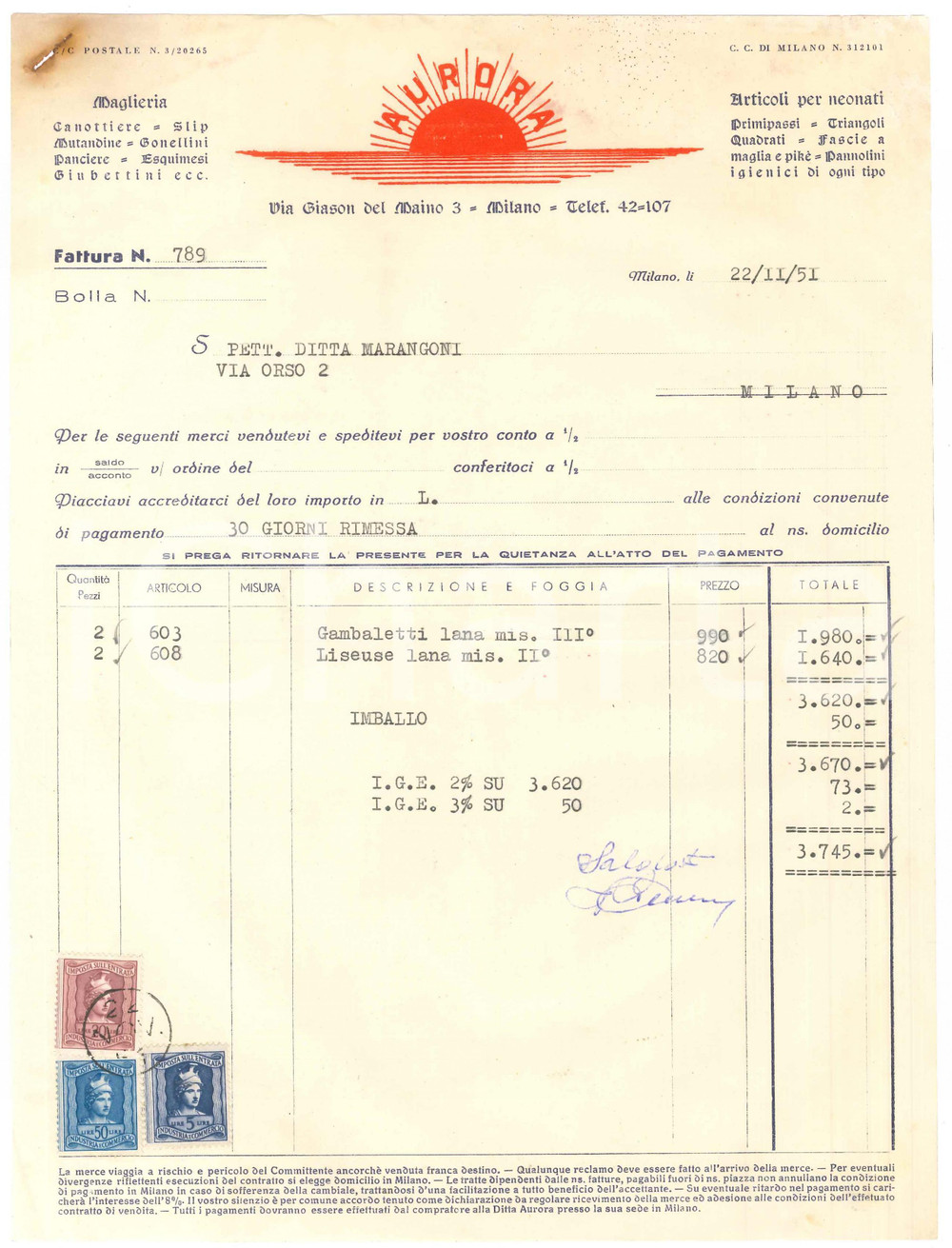 1951 MILANO Via Giason del Maino 3 AURORA Maglieria Articoli per neonati Fattura