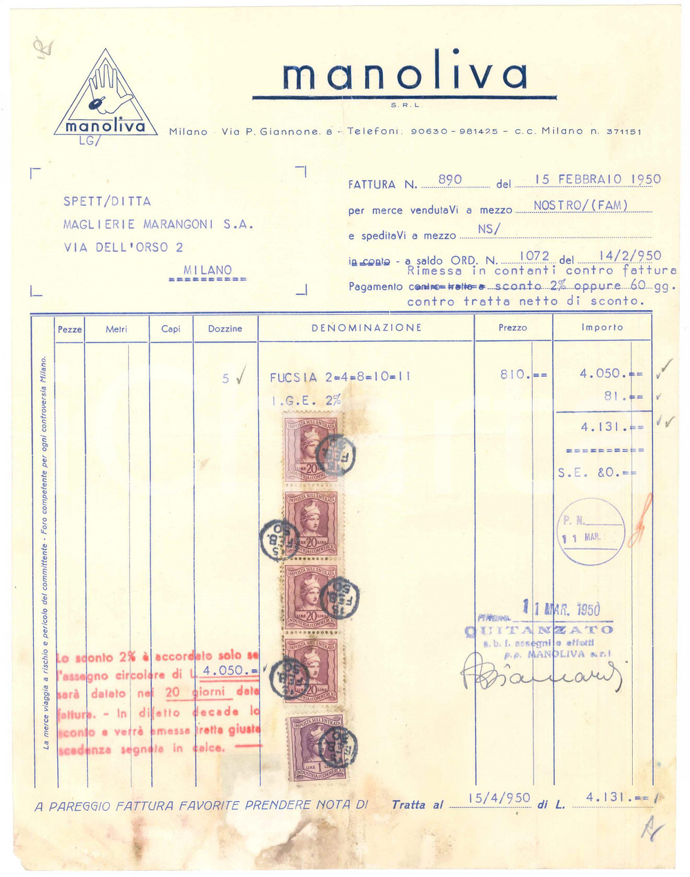 1950 MILANO Via P. Giannone 8 - MANOLIVA Industria Italiana Fazzoletti - Fattura