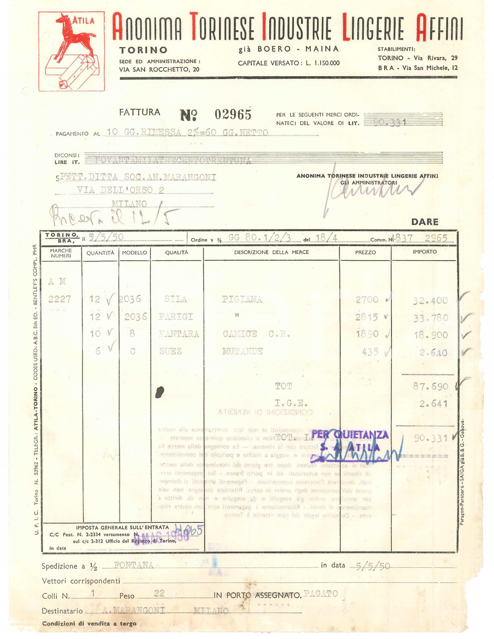1950 TORINO Via Rivara ATILA Anonima Torinese Industrie Lingerie Affini *Fattura