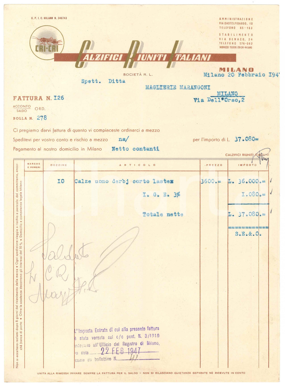 1947 MILANO Via Benaco 24 - CRI-CRI Calzifici Riuniti Italiani - Fattura