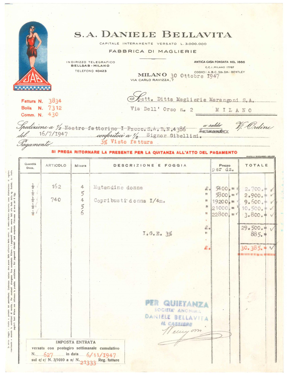 1947 MILANO Via Carlo Ravizza 7 - S.A. Daniele BELLAVITA Maglierie - Fattura (4)