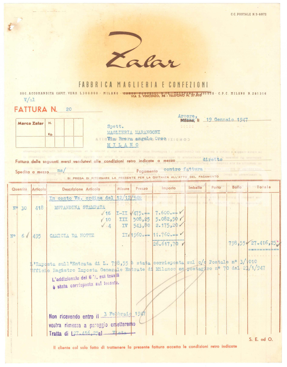 1947 MILANO Via S. Vincenzo 26 - ZALAR Maglieria e Confezioni - Fattura (1)